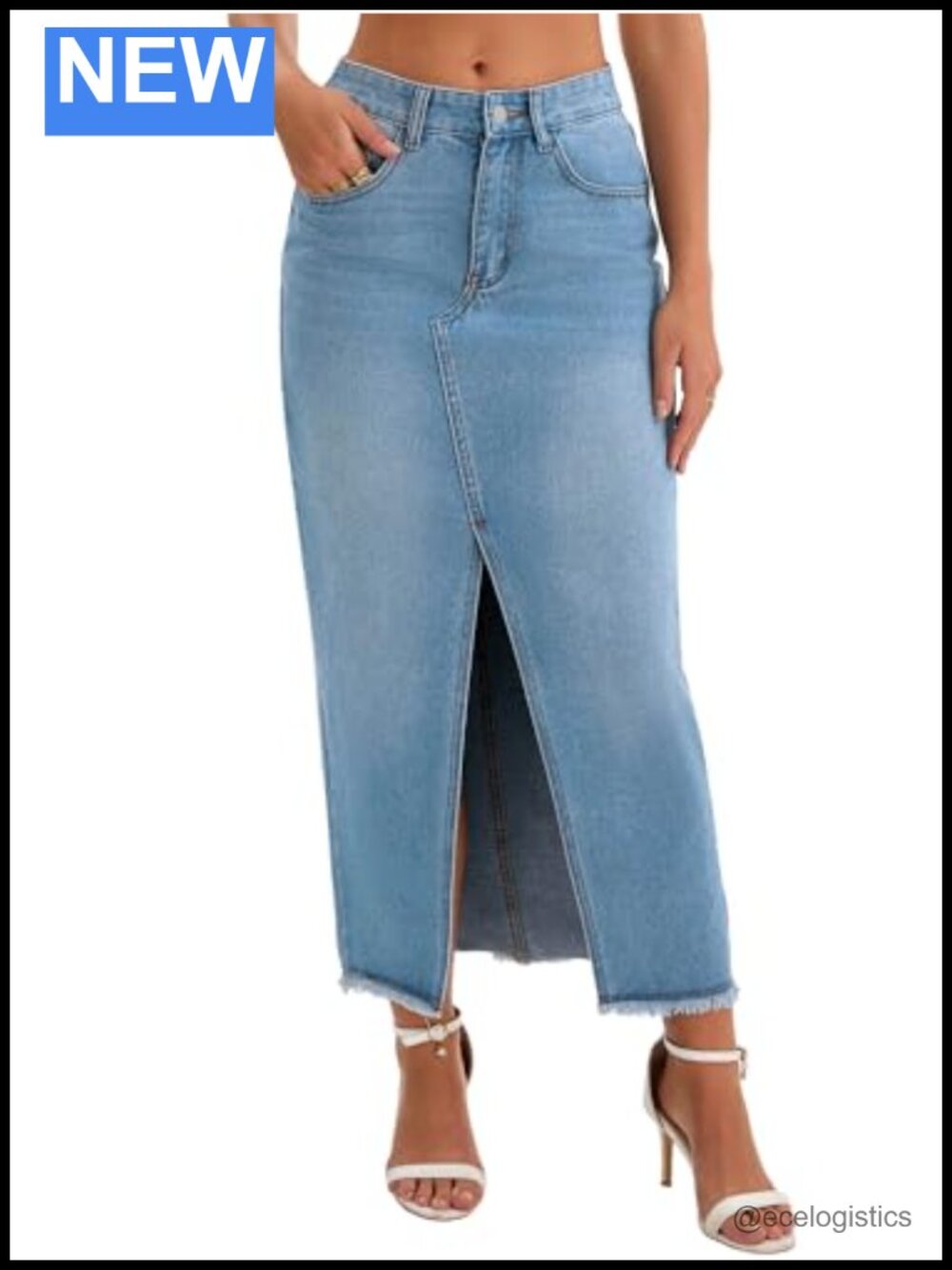High Waist Split Front Raw Hem Denim Maxi Skirt